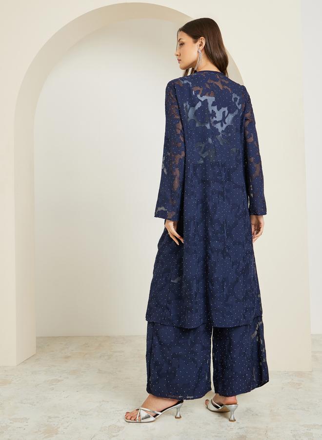 Styli Navy Studded Jacquard Kimono and Pants Co-ords - Image 4